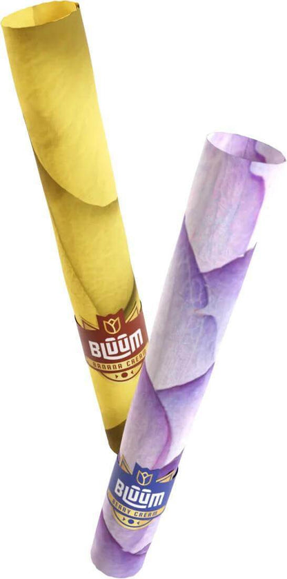 Bluum Cones in yellow and purple, crafted with rose and lotus leaves for a premium smoking experience.