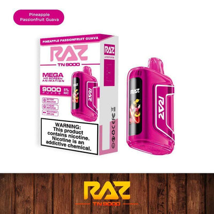 Raz TN9000 Disposable Nicotine Vape in Pineapple Passionfruit Guava flavor with vibrant packaging.