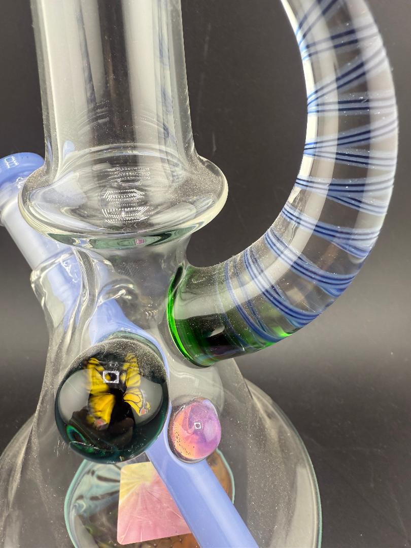 Brando Glass Mini Beaker - Line Worked Horn & Butterfly Millie w/ Teal Downstem 10mm 45°