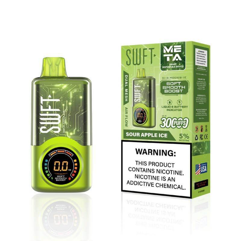 SWFT Meta 30k Disposable vape in Sour Apple Ice flavor, featuring adjustable wattage and a 30,000 puff capacity.