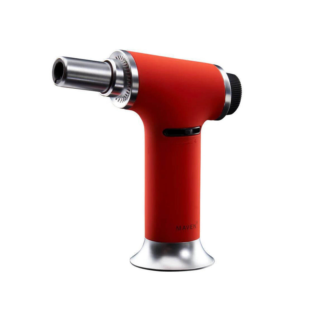 Maven Turbo Butane Torch in red, designed for precision lighting and one-handed operation.