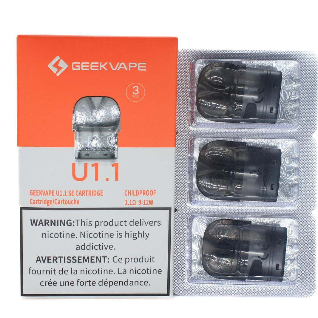 GeekVape U Series Pods, refillable cartridges, sleek design, compatible with various devices, nicotine warning label.