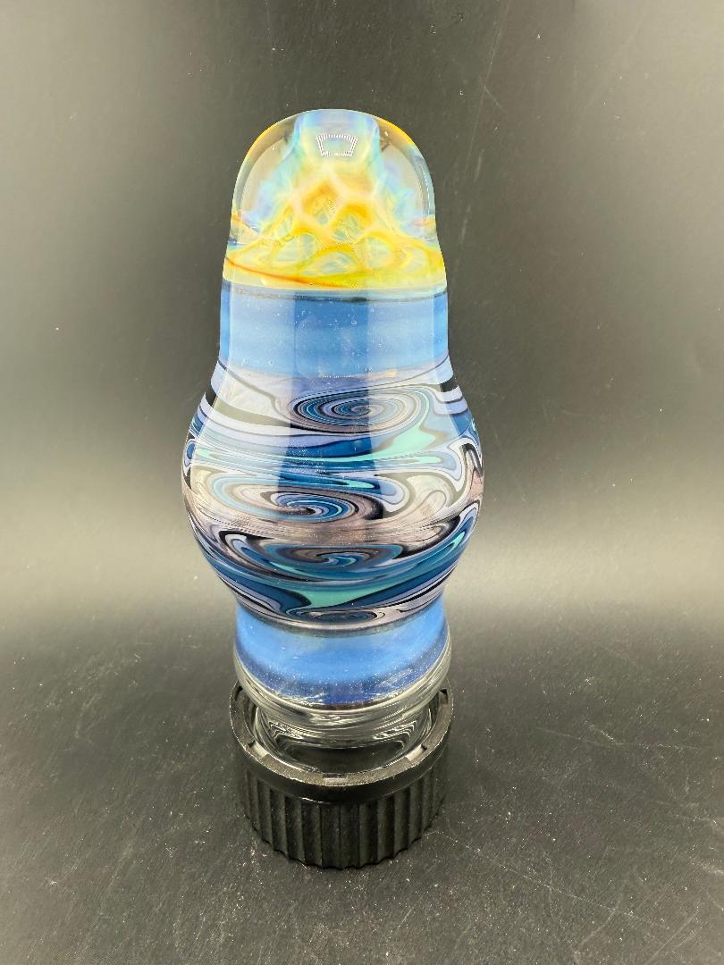 Highgrade Glass Large Jar - Blue & Purple Wig Wag w/ Implosion Marble Bottom