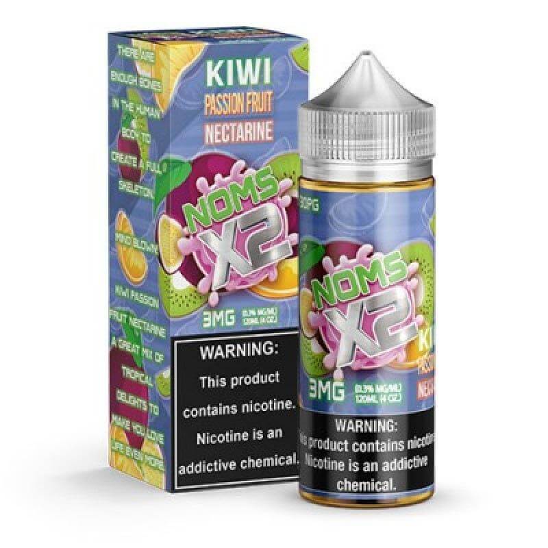 NOMS X2 Kiwi Passion Fruit Nectarine 120ml e-liquid bottle with vibrant packaging, designed for a premium vaping experience.