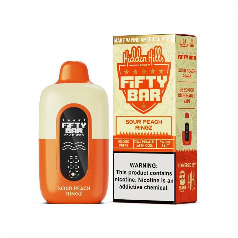 Hidden Hills x Fifty Bar Sour Peach Ringz disposable vape with 20K puffs and 5% nicotine strength.