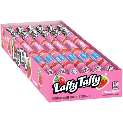 Box of Laffy Taffy Ropes in strawberry flavor, featuring colorful packaging and individual candy ropes.