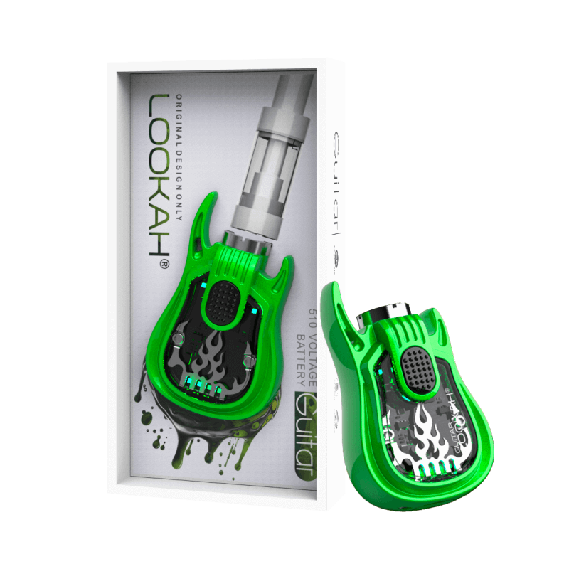 Lookah Guitar 510 Thread Battery in green packaging, stylish vape device for music lovers.