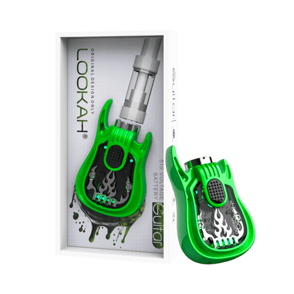 Lookah Guitar 510 Thread Battery in green packaging, stylish vape device for music lovers.