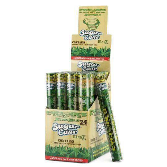 Cyclones Sugar Cane Hemp Cones display, featuring tobacco-free cones with natural wooden tips.