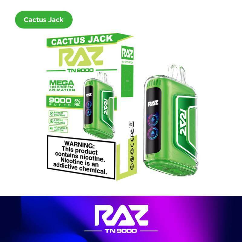 Raz TN9000 Cactus Jack Disposable Vape, 9000 puffs, 5% nicotine, bright green design.