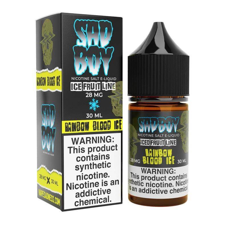 Sad Boy Salt Nic 30ml bottle and box featuring Rainbow Blood Ice flavor in 28 mg nicotine strength.