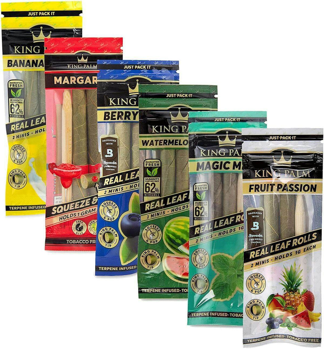 King Palm Mini Rolls variety pack featuring flavors like Banana, Margarita, Berry, Watermelon, Magic Mint, and Fruit Passion.