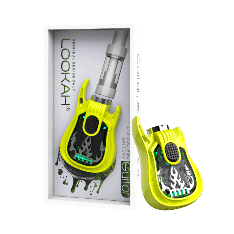 Lookah Guitar 510 thread vape battery in vibrant yellow with flame design and packaging, ideal for music lovers.