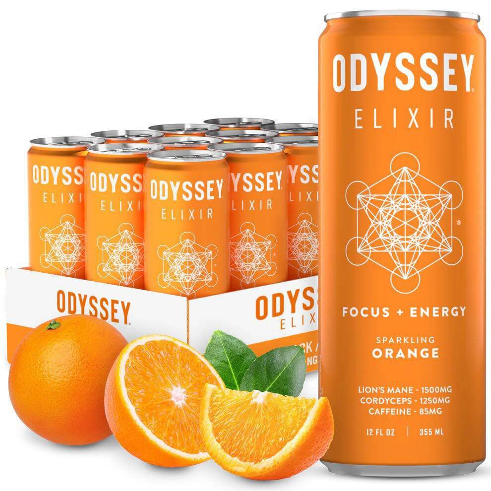 Odyssey Mushroom Elixir Core Sparkling Energy Drink can next to fresh oranges, highlighting focus and energy benefits.