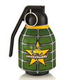 Smokebuddy Original Personal Air Filter designed like a grenade, featuring a smiley soldier logo and keychain attachment.