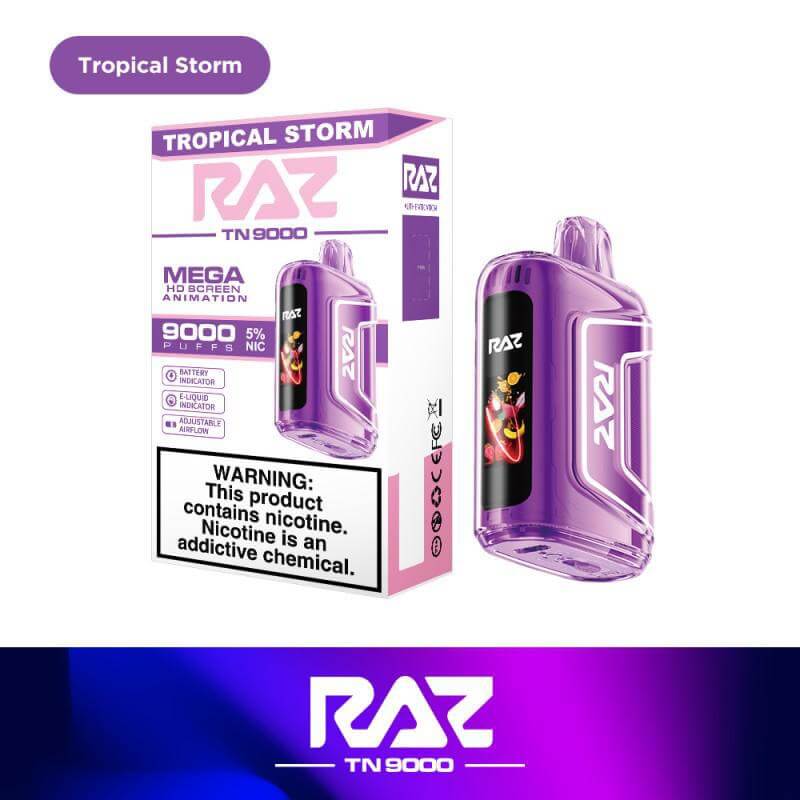 Raz TN9000 Disposable Vape in Tropical Storm flavor with 12mL e-liquid and 5% nicotine strength.