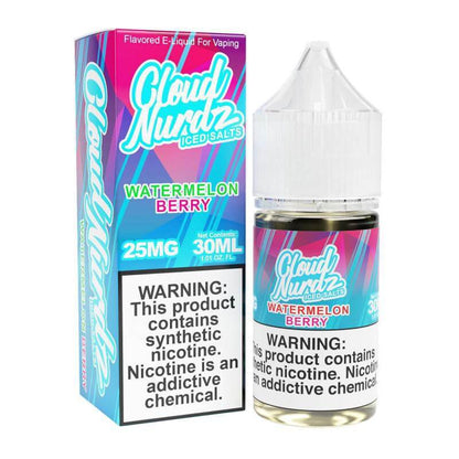 Cloud Nurdz Iced Salt Nicotine e-liquid in Watermelon Berry flavor, 30ml bottle with a refreshing menthol twist.