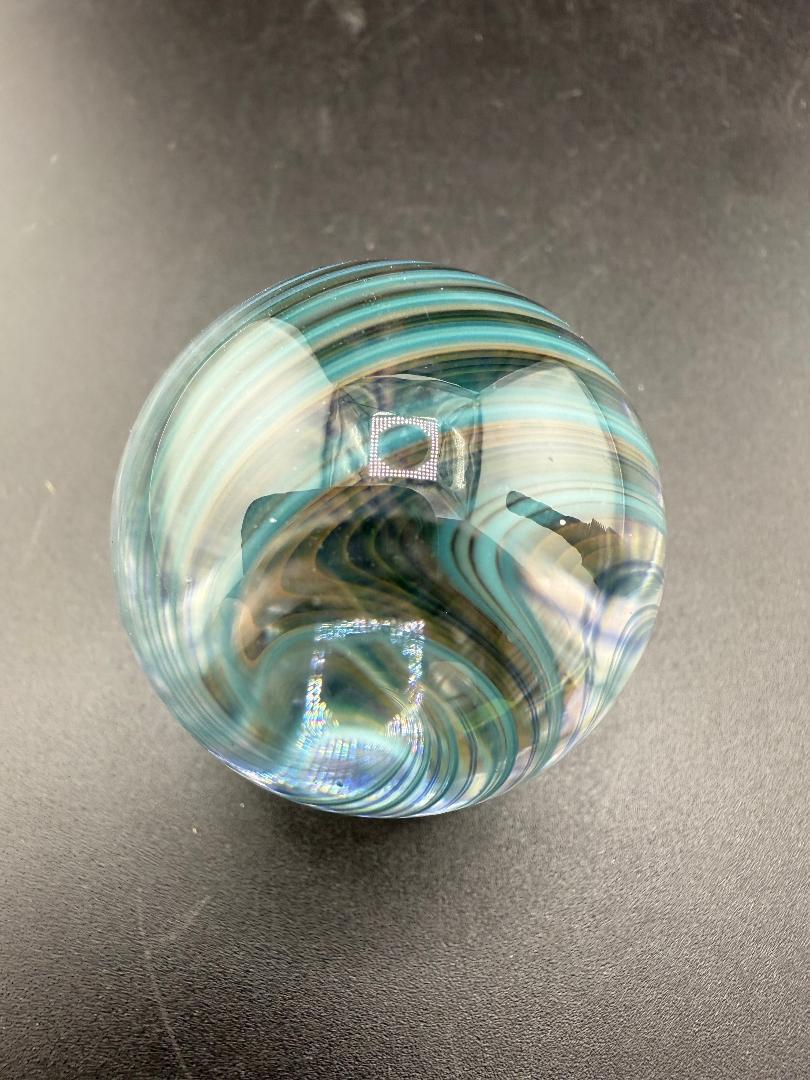 Brando Glass Marble - 34mm Blue & Teal Line Work Over Clear Marble