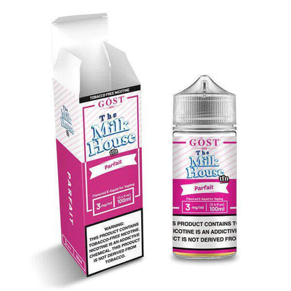 The Milk House 100ml e-liquid featuring parfait flavor in a stylish bottle and box packaging for vaping.