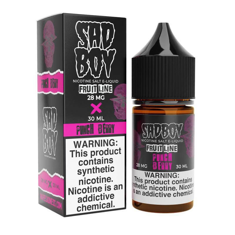 Sad Boy Salt Nic Punch Berry 30ml e-liquid bottle and box, featuring synthetic nicotine warning.