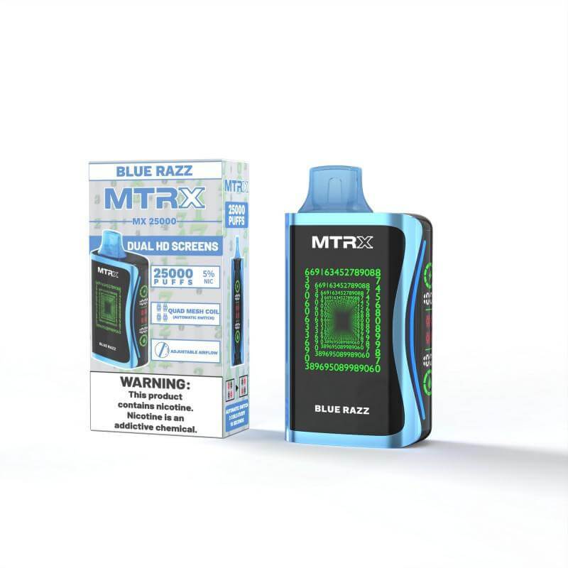 MTRX MX 25k Disposable Vape in Blue Razz flavor with dual screens and packaging, emphasizing nicotine and performance.