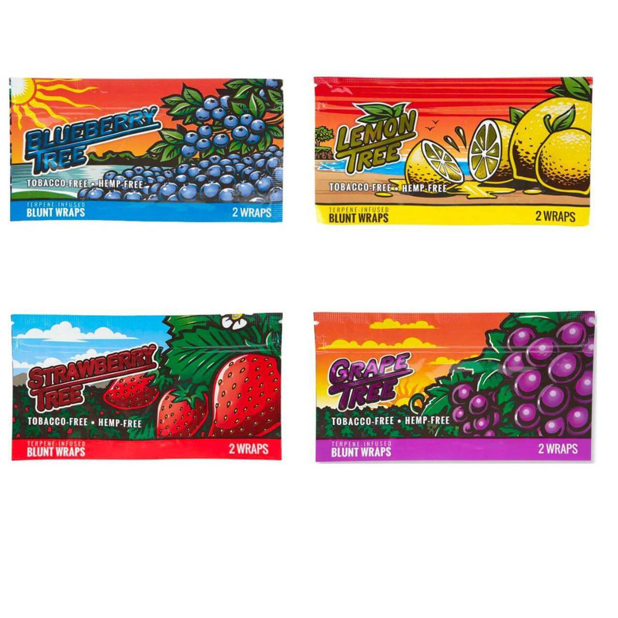 Variety of tobacco-free blunt wraps: Blueberry, Lemon, Strawberry, and Grape flavors, two wraps each.