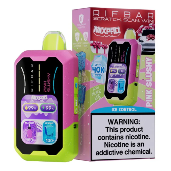 RIFBAR MIXPRO Disposable Vape packaging showcasing Pink Slushy flavor, featuring bold design and warning label.