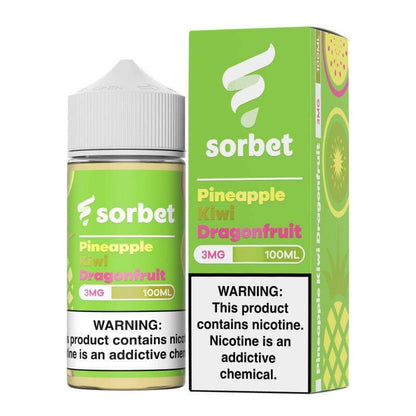 Sorbet Pineapple Kiwi Dragonfruit 100ml e-liquid bottle with vibrant packaging for refreshing vaping experience.