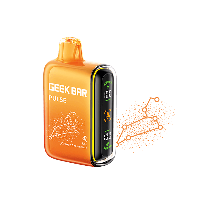 Geek Bar Pulse Zodiac Edition disposable vape in vibrant orange, featuring digital display and Orange Creamsicle flavor.