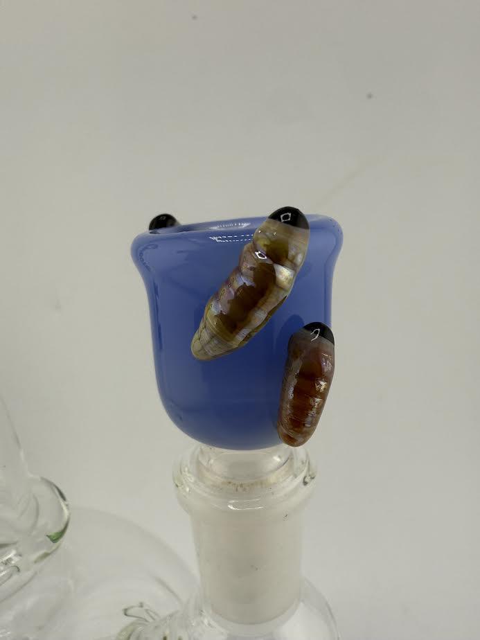 14mm lamp dancer glass bowl piece featuring realistic maggot sculptures in a playful blue design.