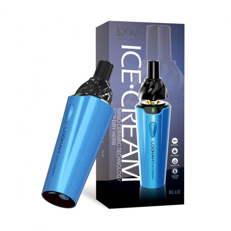 LOOKAH Ice Cream Cone vaporizer in blue with box, best dry herb vape for portability and discreet use.