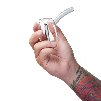 MJ Arsenal Flower Bubbler - Bulb being held in hand, showcasing its compact design and clear borosilicate glass.