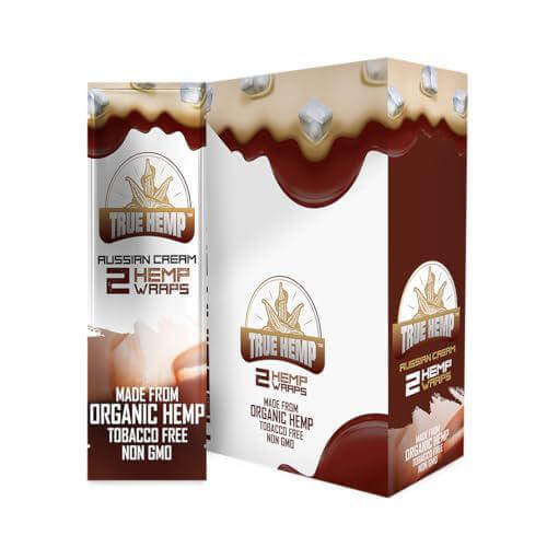 True Hemp Organic Russian Cream 2 Hemp Wraps packaging, tobacco-free and GMO-free for smooth smoking.