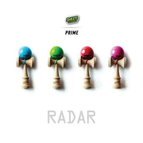 Sweets Kendama Prime Radar collection featuring blue, green, red, and pink tamas on wooden kendamas.