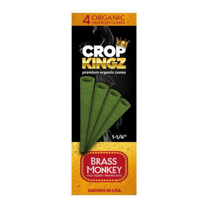 Crop Kingz Organic Hemp Cones in Brass Monkey flavor, 4-pack, 1 1/4 size for a premium smoking experience.