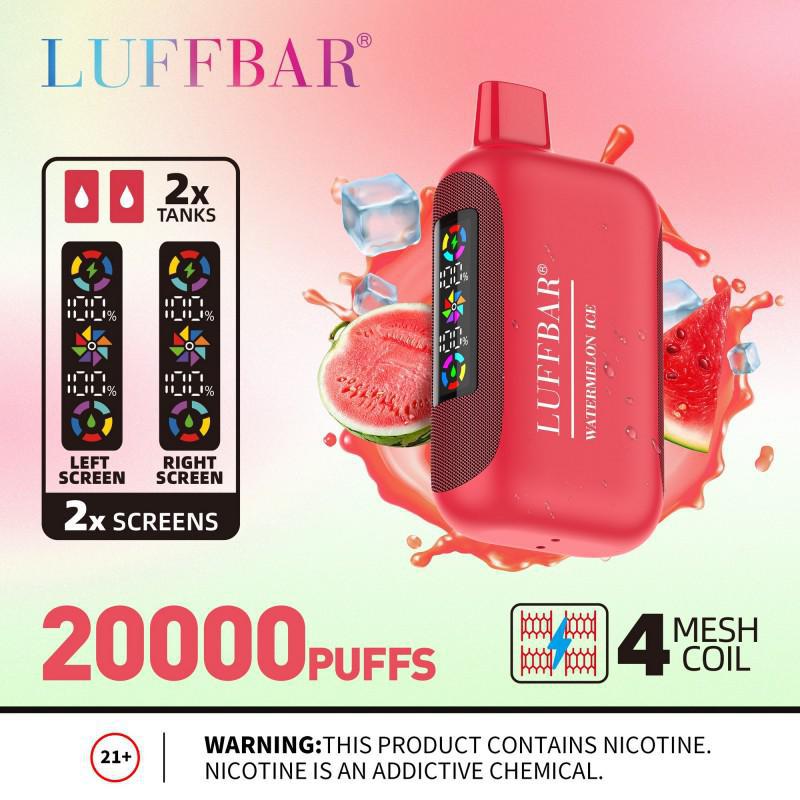 LUFFBAR Dually disposable vape with dual screens, watermelon ice flavor, 20000 puffs, and 4 mesh coil design.