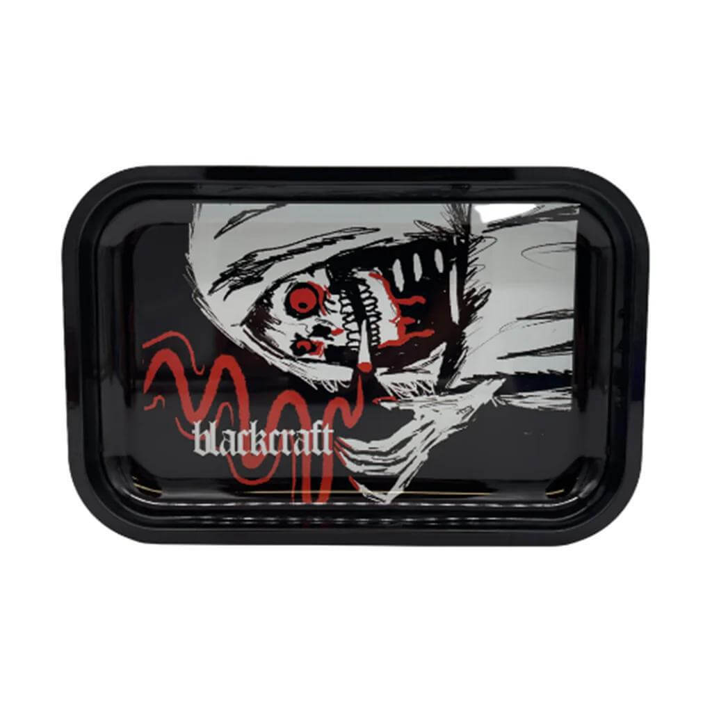 Blackcraft Cult Small Rolling Tray featuring dark graphic design, ideal for stylish smokers and enthusiasts.