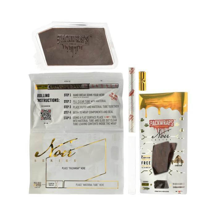 Packwraps Hemp Wraps set with rolling instructions, glass tip, and packaging for a premium smoking experience.