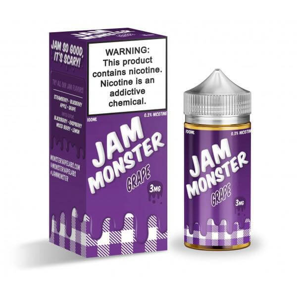 Jam Monster 100ml e-liquid in Grape flavor with warning label about nicotine addiction.