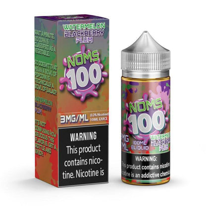 NOMS 100 e-liquid bottle and packaging, featuring watermelon, blackberry, and plum flavors with 3mg/ml nicotine.