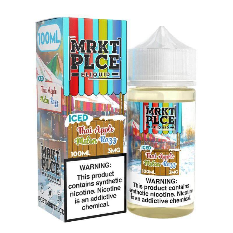 MRKT Place ICED Thai Apple Melon Razzy 100ml eJuice bottle and packaging with warning label