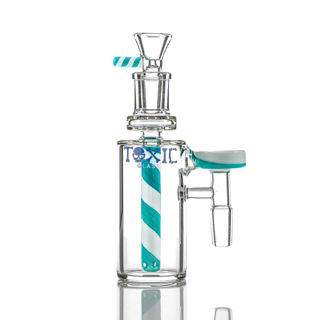 Toxic Glass Swirl 14mm/90 Ashcatcher with teal and white striped design for smooth smoking experience.