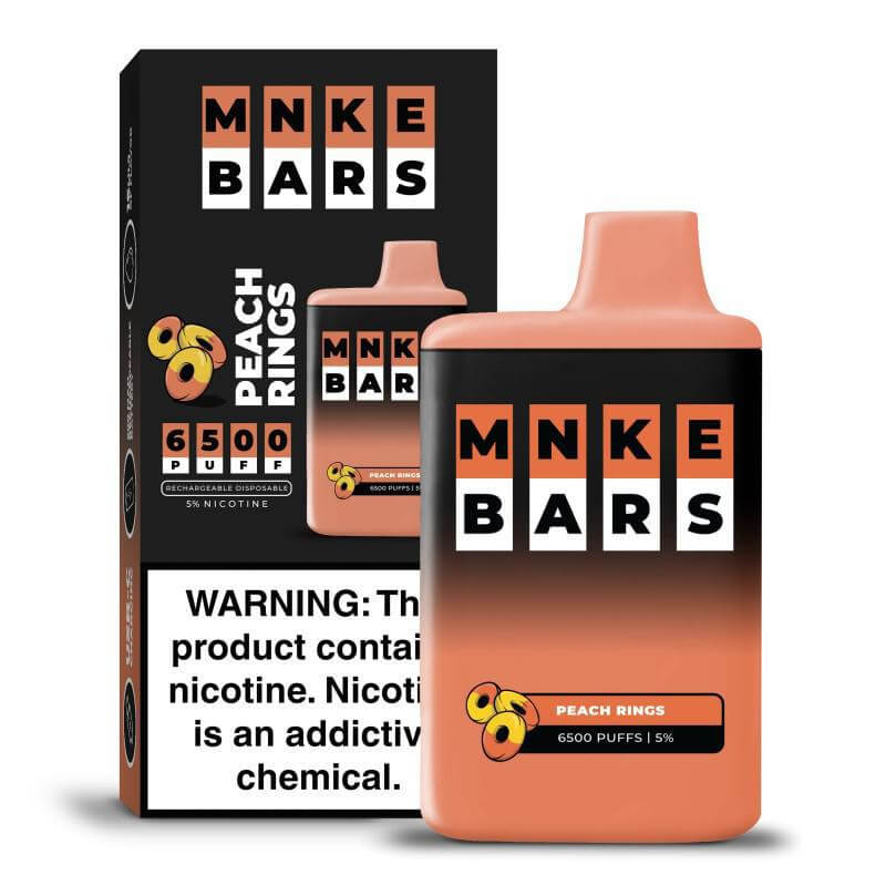 MNKE Bars Peach Rings Disposable Vape, 6500 puffs, 5% nicotine, featuring vibrant packaging and flavor.