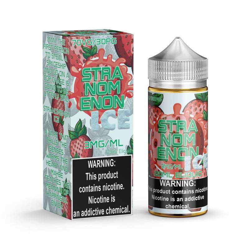 Noms Ice 120ml e-juice bottle with strawberry flavor and warning label, offering bold and refreshing vaping experience.