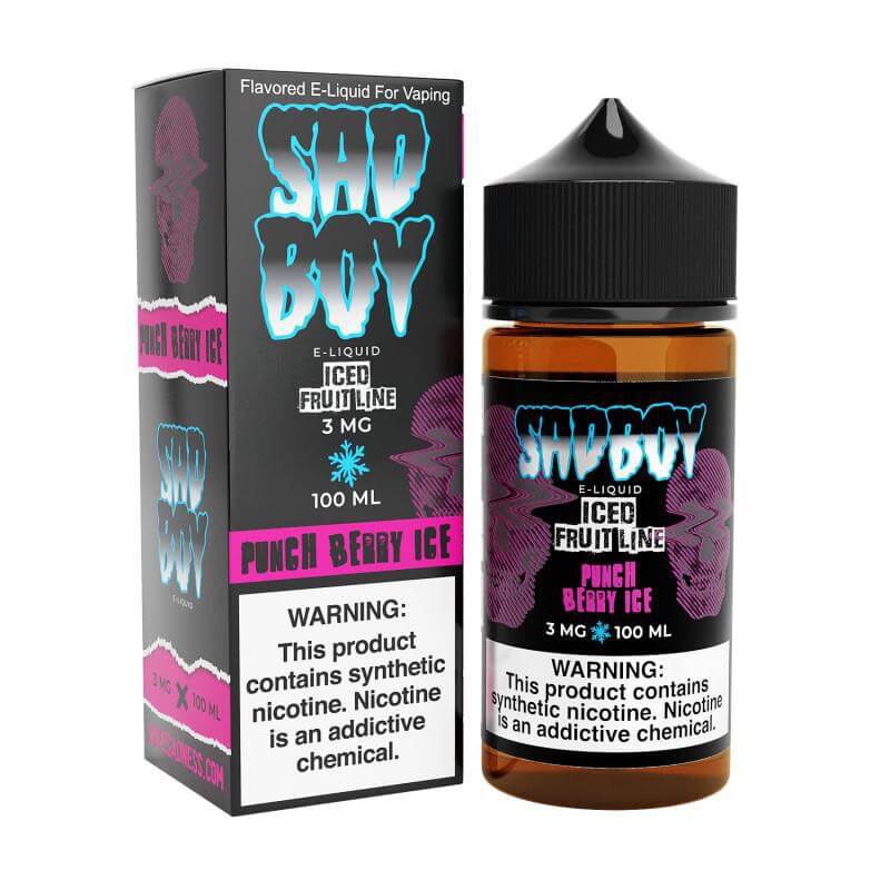 Sad Boy Punch Berry Ice 100ml e-liquid bottle for sub-ohm vaping, featuring bold flavors and high VG content.