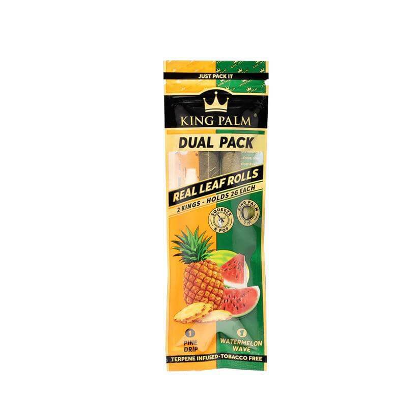 King Palm Dual Flavor 2pc pack featuring Pine Drip and Watermelon Wave hemp wraps for a superior smoking experience.