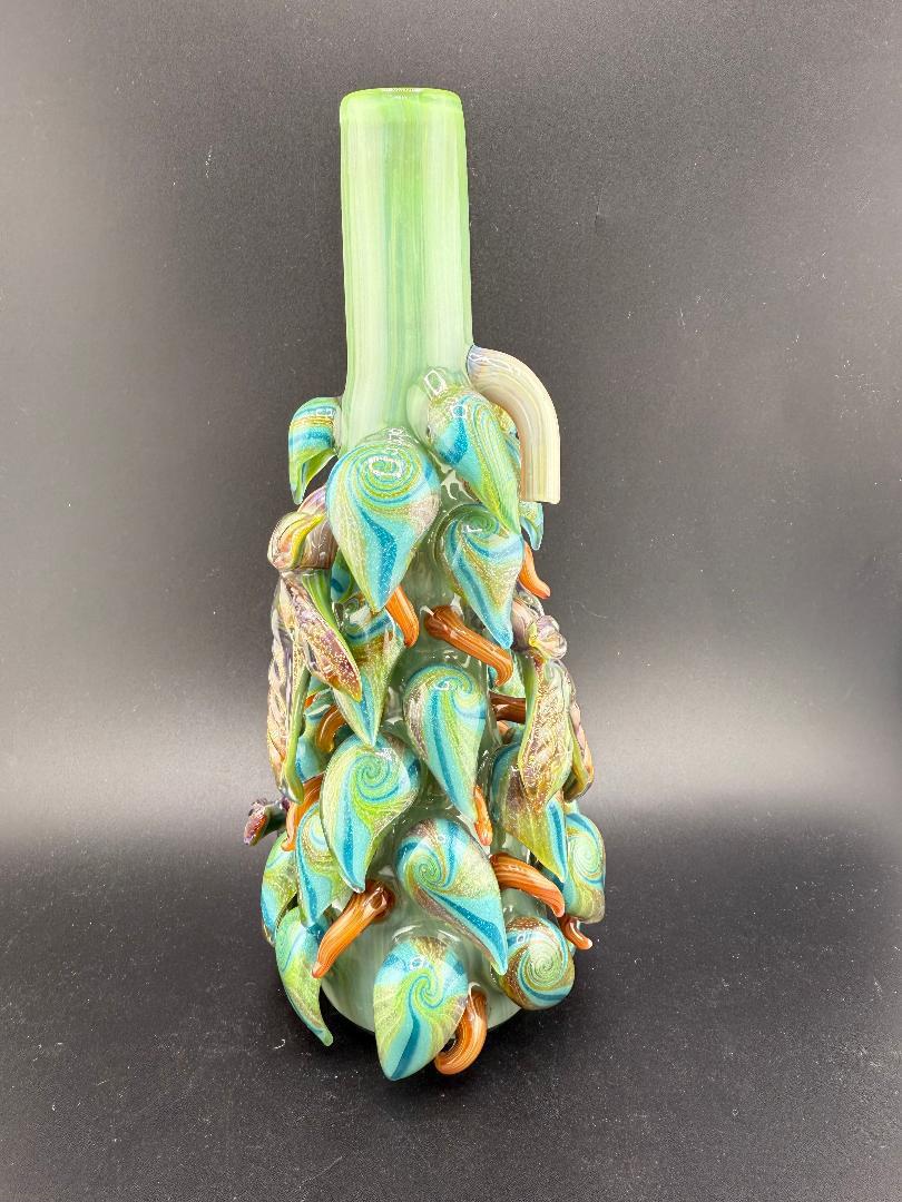 Mr. Gray Glass Dichroic Leaf Nug Tube in green and blue with intricate leaf designs and a 10mm 55° joint.