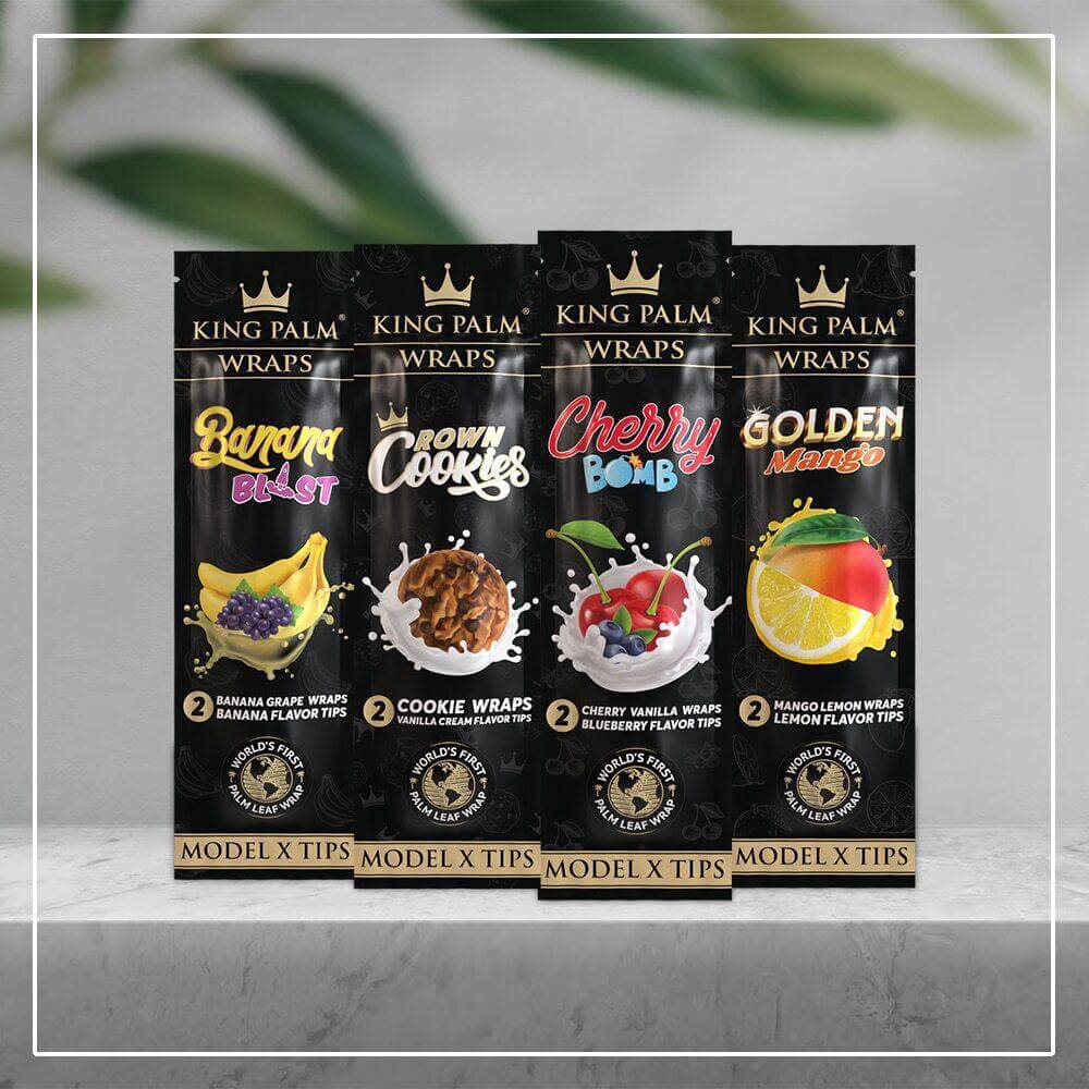 King Palm wraps in various flavors: Banana Blast, Brown Cookies, Cherry Bomb, and Golden Mango with Model X Tips.