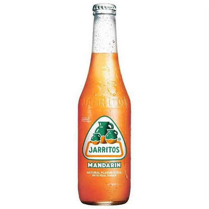 Jarritos Mandarin Soda, 16oz bottle with natural flavors and real sugar, offering authentic Mexican taste.