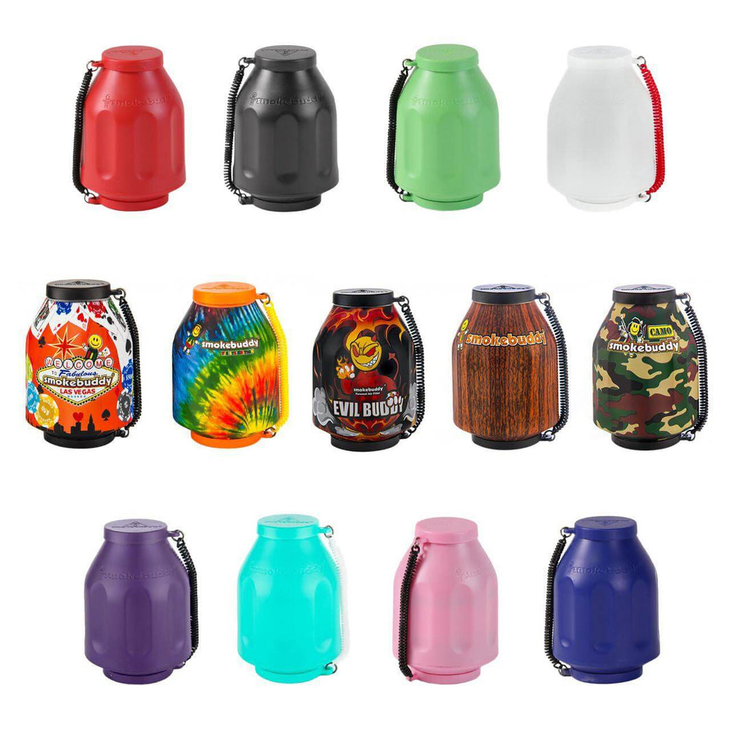 Colorful assortment of Smokebuddy Original personal air filters in various designs and colors.